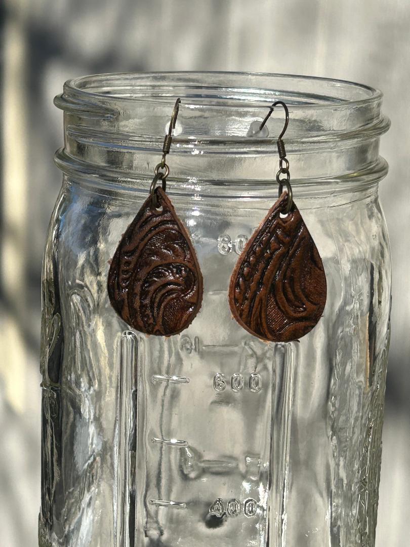 Small Embossed Dark Brown Belt Earrings